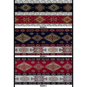 Może przedstawiać: Trzy r&oacute;żne wzorzyste pr&oacute;bki tkaniny z tekstem "KILIM 4", "KILIM 5" i "KILIM 6" pod każdą pr&oacute;bką.