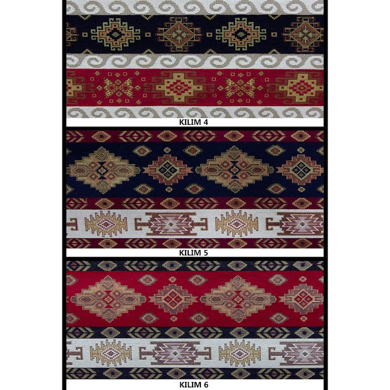 Może przedstawiać: Trzy r&oacute;żne wzorzyste pr&oacute;bki tkaniny z tekstem "KILIM 4", "KILIM 5" i "KILIM 6" pod każdą pr&oacute;bką.
