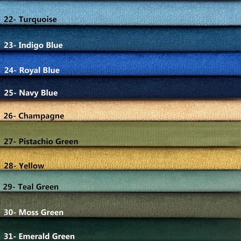 May include: A close-up of ten fabric swatches in different colors, including turquoise, indigo blue, royal blue, navy blue, champagne, pistachio green, yellow, teal green, moss green, and emerald green. Each swatch is labeled with a number and the color name.