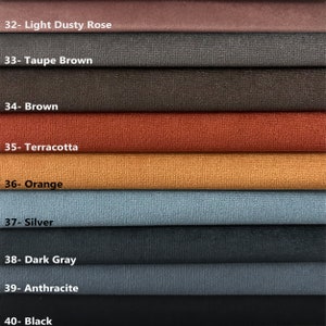 May include: A fabric swatch color chart with ten different colors, including light dusty rose, taupe brown, brown, terracotta, orange, silver, dark gray, anthracite, and black. The colors are arranged in a vertical row from top to bottom.