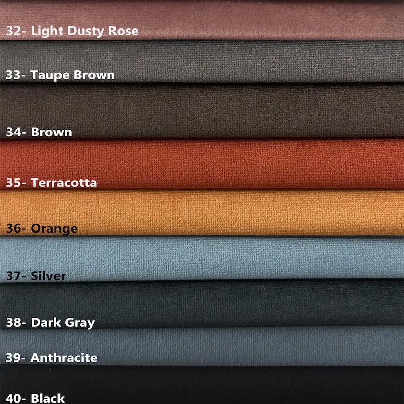 May include: A fabric swatch color chart with ten different colors, including light dusty rose, taupe brown, brown, terracotta, orange, silver, dark gray, anthracite, and black. The colors are arranged in a vertical row from top to bottom.