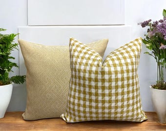 Yellow Heavy Linen Throw Pillow Cover, Gold Upholstery Linen Pillowcase, Solid Decorative Linen Lumbar Pillow Cover, Plaid Linen Euro Sham