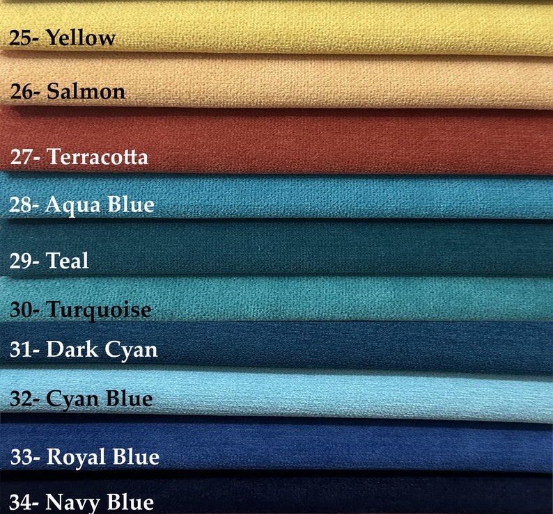 Pode incluir: Um close-up de dez amostras de tecido em diferentes cores, incluindo amarelo, salm&atilde;o, terracota, azul-&aacute;gua, azul-petr&oacute;leo, turquesa, azul-escuro, azul-ciano, azul-royal e azul-marinho. Cada amostra &eacute; etiquetada com um n&uacute;mero e um nome de cor.