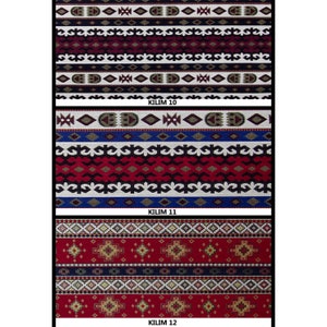 Może przedstawiać: Trzy r&oacute;żne pr&oacute;bki tkaniny z wzorami, z nadrukowanymi pod nimi napisami "Kilim 10", "Kilim 11" i "Kilim 12".