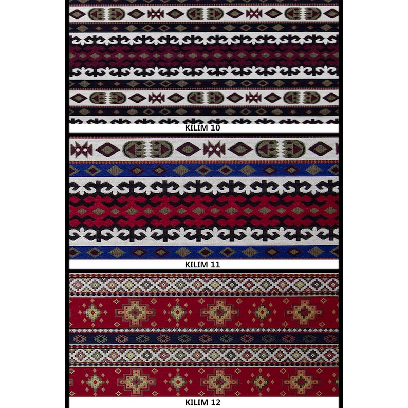 Może przedstawiać: Trzy r&oacute;żne pr&oacute;bki tkaniny z wzorami, z nadrukowanymi pod nimi napisami "Kilim 10", "Kilim 11" i "Kilim 12".