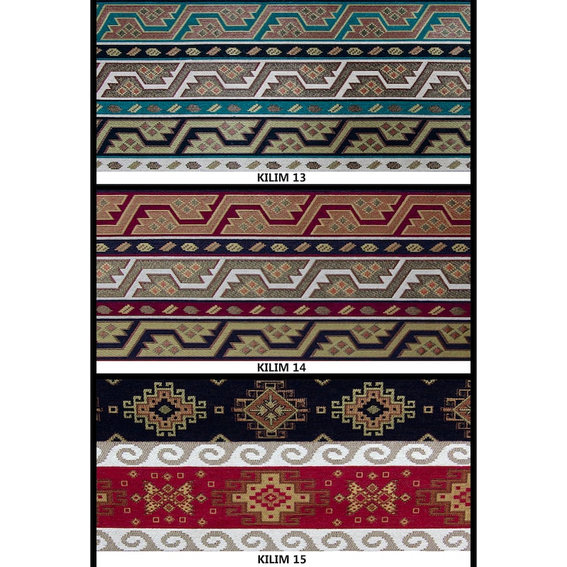 Może przedstawiać: Trzy r&oacute;żne ozdobne taśmy z tkaniny z wzorami, z nadrukowanymi pod nimi napisami "KILIM 13", "KILIM 14" i "KILIM 15".