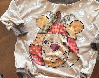 Patchwork Pumpkin Bear Baby Romper | Neutral Fall Baby Sweatshirt | Cozy Autumn Toddler Crewneck | Floral Pumpkin Outfit | Handmade Baby T