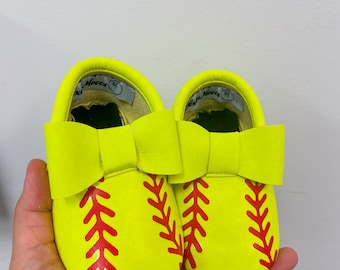 Highlighter Yellow Softball Bow Moccs| Texas Moccs Handmade Baby Moccasins - Soft Sole Infants' Booties