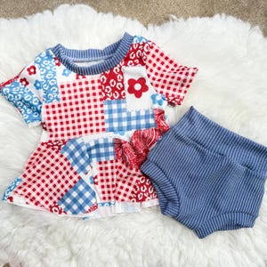 Patchwork Peplum Outfit – Stars & Stripes Ribbed Knit Set – 4th of July Baby Clothes  Red, White  Blue Infant Set – patriotic Toddler Outfit