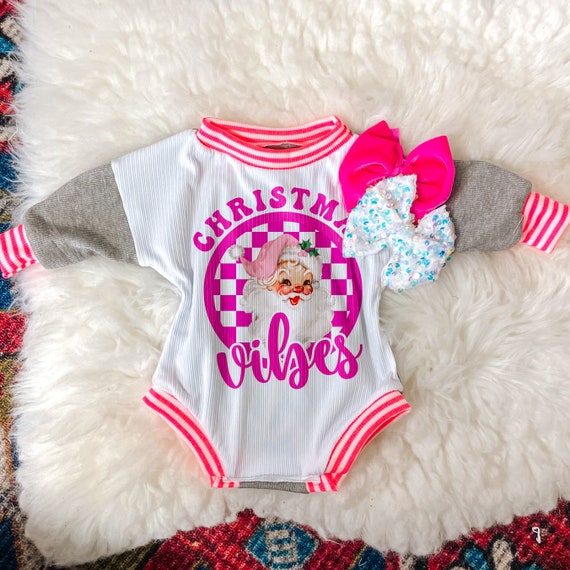 Santa Pink Christmas Vibes Bubble Romper With Snaps| Bubble Romper - Technical View