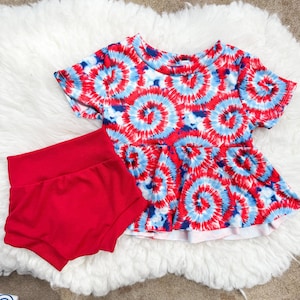 Tie Dye  Peplum Outfit – Stars & Stripes Ribbed Knit Set – 4th of July Baby Clothes – Red, White  Blue Infant Set – patriotic Toddler Outfit