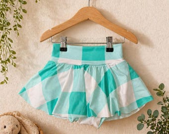 Light Mint Gingham Skirted Bummies – Handmade Baby Outfit, Toddler Summer Spring Wear