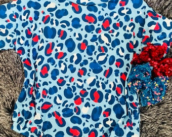 Manica corta patriottica leopardata rossa bianca e blu - Pagliaccetto con bottoni a pressione