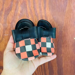 Vintage Orange Halloween Checkered Bow Moccs| Texas Moccs Handmade Baby Moccasins - Soft Sole Infants&#39; Booties