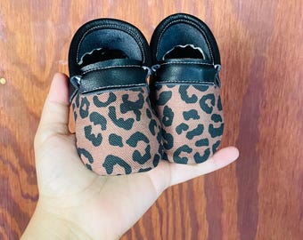 Chocolate Leopard Loafers Texas Moccs Handmade Baby Moccasins