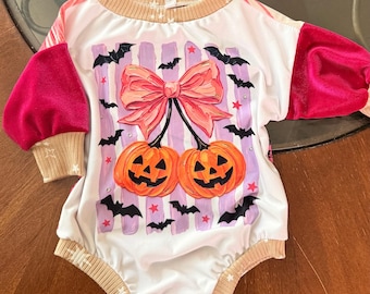 Halloween Baby Girl Bubble Romper | Pink Pumpkin Bow Bubble | Jack-O’-Lantern Baby Outfit | Boutique Halloween Romper | Fall Baby Girl Cloth