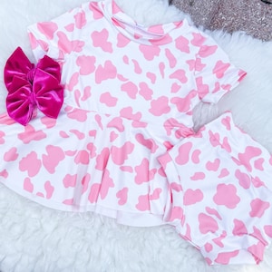 Pink Cow Print Rodeo Outfit | Baby Cowgirl Peplum Top and Bummies Set | Western Birthday Toddler Girl Outfit | Summer Rodeo Clothing