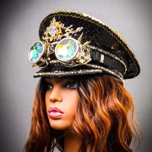 Black Sequin Captain Hat with Gem Accents Black Sequin Spiked Festival Captain Hat With Eye Gem – Rave  main image 4
