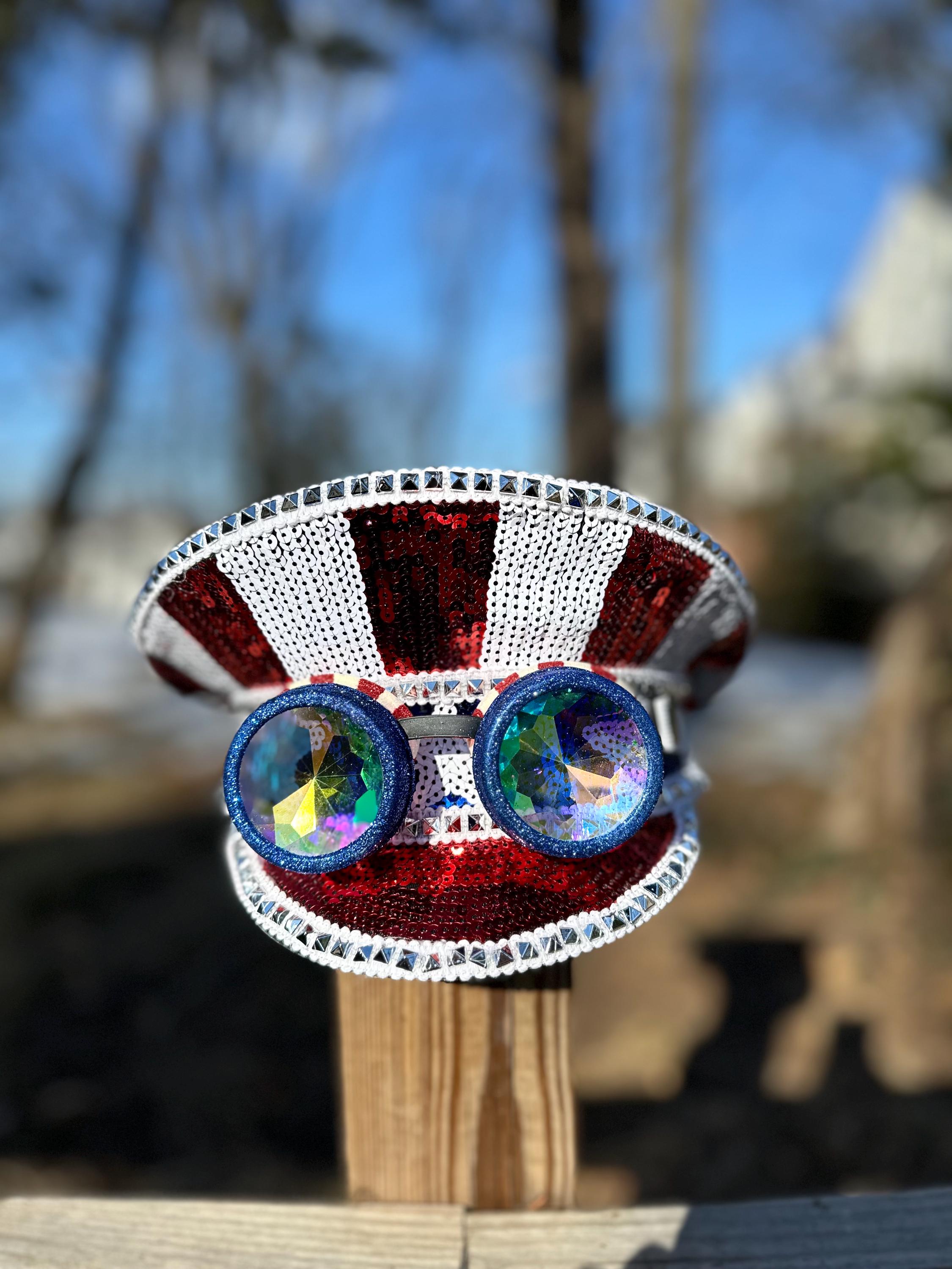 Steampunk USA Flag 4th of July 3D Lens Captain Hat American Flag USA July 4th Costume Party Hat With  main image 4