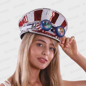 Amerikaanse vlag VS 4 juli kostuum feesthoed met holografische bril voor festivals, Burning Man patriottische kapiteinshoed steampunk