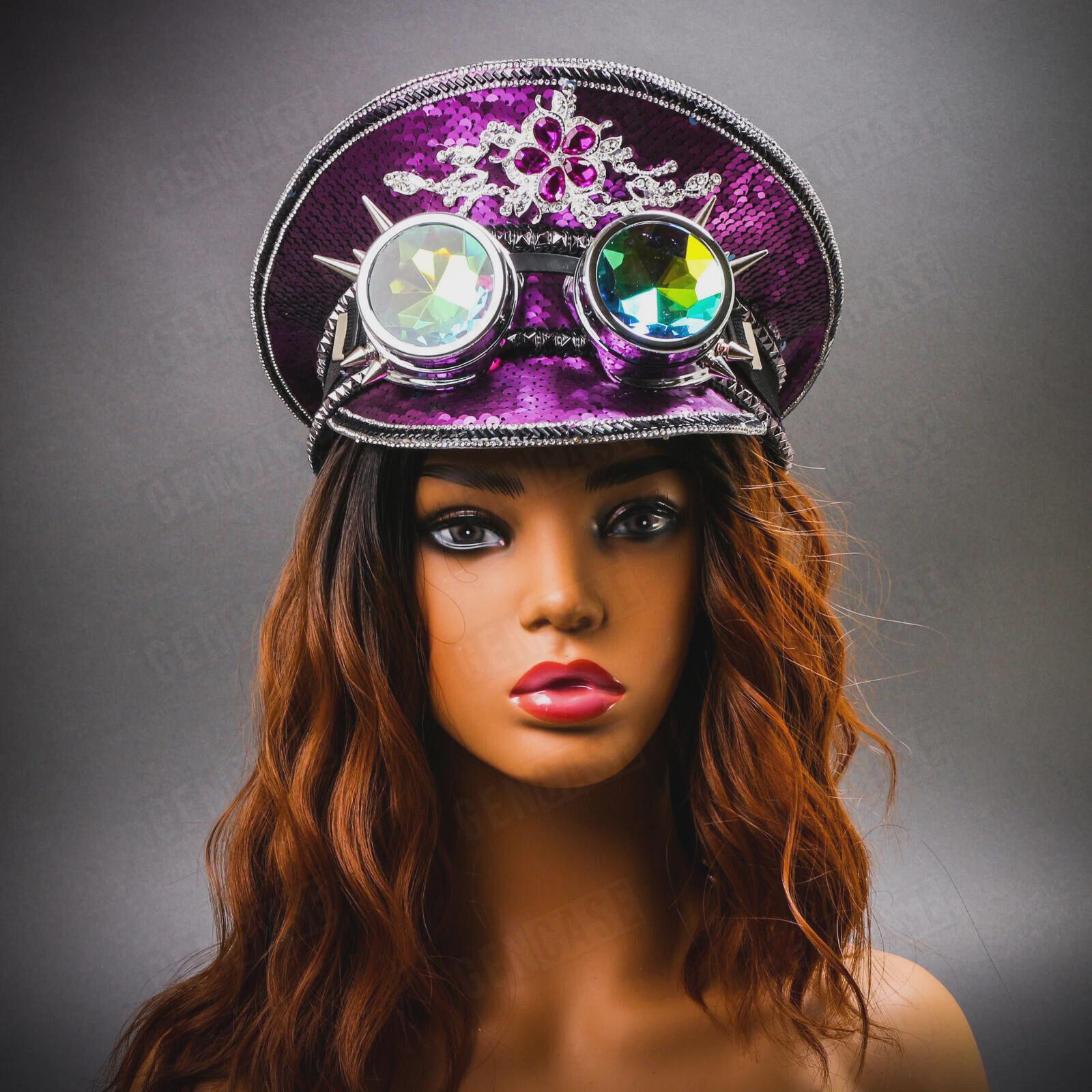 Sequin Patriotic Steampunk Cap with Iridescent Goggles - Red  display picture 1