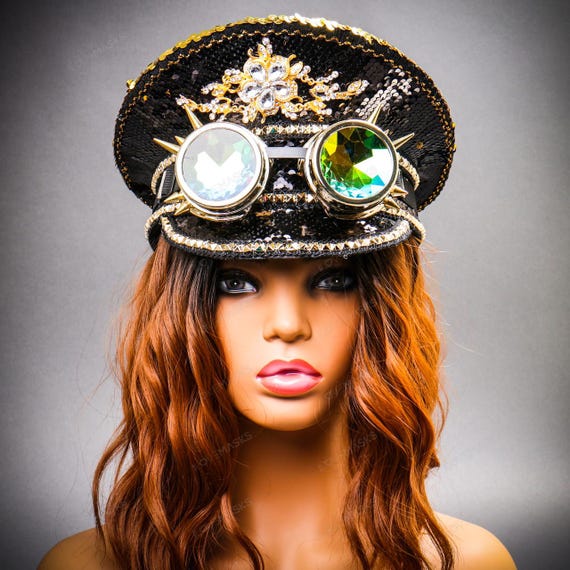 Steampunk Rave Hat with Psychedelic Goggles Steampunk Festival Hat: Gold & Black Rave Captain Cap With  main image 4