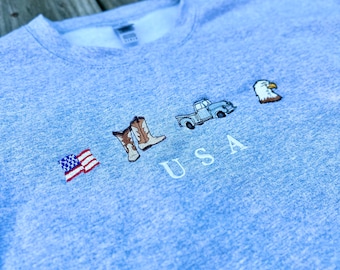 USA Embroidered Crewneck: Patriotic Comfort Colors Tee or Gildan Sweatshirt