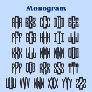 May include: A light blue background with the word "Monogram" in blue script above a grid of black monogram letters. Each letter is a unique design, perfect for personalization.