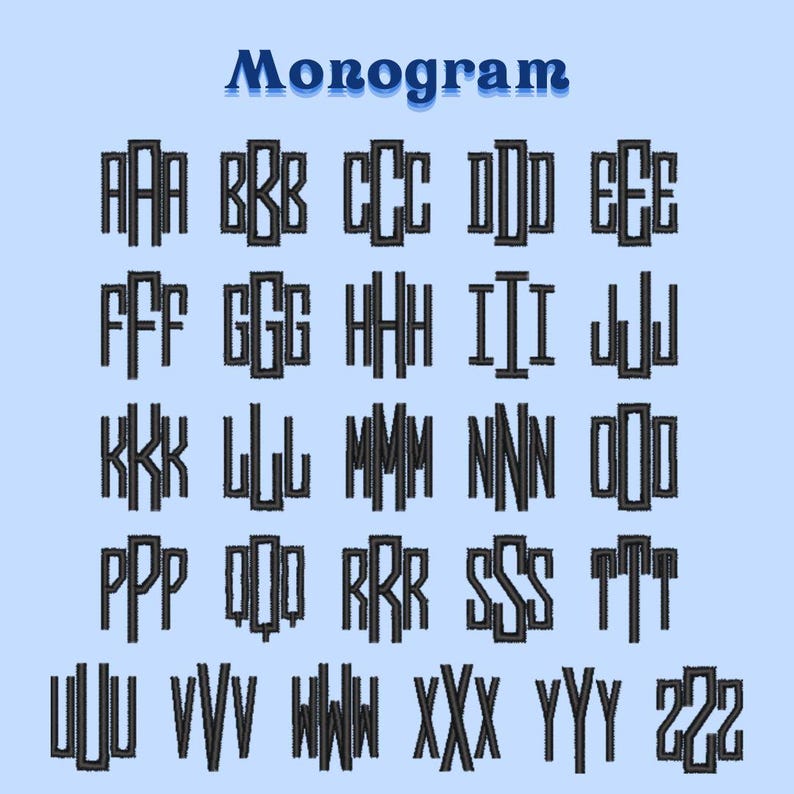 May include: A light blue background with the word "Monogram" in blue script above a grid of black monogram letters. Each letter is a unique design, perfect for personalization.