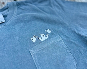 Embroidered Ghost Pocket Tee: Comfort Colors Halloween Crewneck