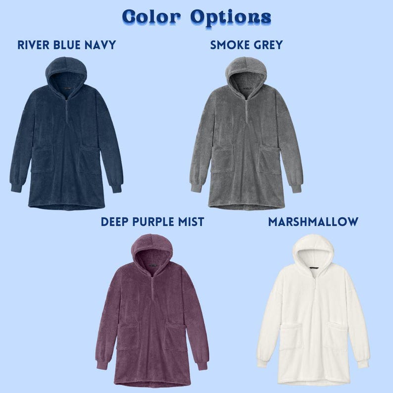 May include: Image shows four hooded, long-sleeved robes in various colors: River Blue Navy, Smoke Grey, Deep Purple Mist, and Marshmallow. Each robe has a hood, a half-zip closure, and two front pockets. The text "Color Options" is at the top.