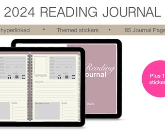 May include: A digital reading journal for 2024 with 85 pages and 185 stickers. The journal is shown on a tablet with a pink and white cover. The journal is fully hyperlinked and has themed stickers.