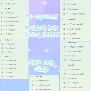 Peut inclure: Un graphique bleu clair et rose avec le texte "40+ channels Member Role based Perms" et "Staff only chat!" Le graphique liste diff&eacute;rents canaux pour un serveur Discord, notamment "Welcyge", "Abt", "Profile", "Main", "Media", "Health", "Gaming", "Voice", et "Staff".