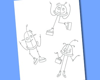 Robot Coloring Sheets, Robot Coloring Pages, Printable Coloring Pages, Digital Download PDF