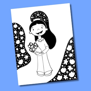 Girl with Flowers Coloring Page - Printable - Digital Download - Simple - Kids Coloring Page
