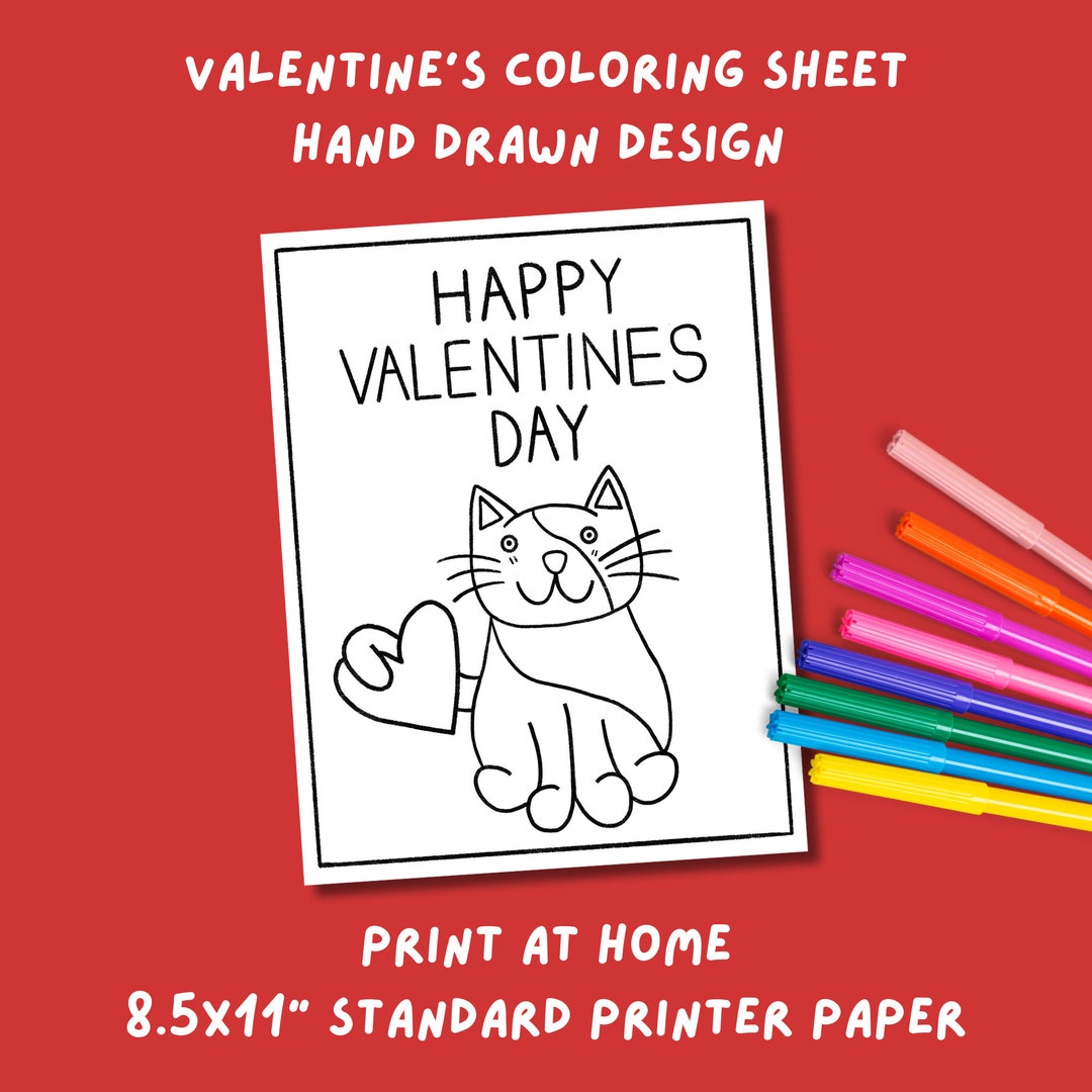 Valentines Day Cat Coloring Page, Hand Drawn Printable Coloring Sheet
