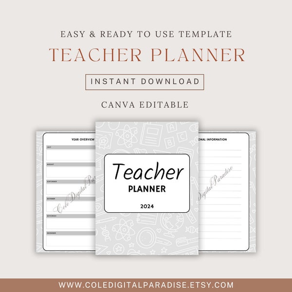 Teacher Planner for 2024 School Doodle Style| personalized planner 2024 | 12 month calendar | custom agenda | gifts for mom