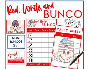 May include: Red, white, and blue themed Bunco game scorecard with a tally sheet. The scorecard has a grid for recording scores for each game. The tally sheet has a space for "Us" and "Them".