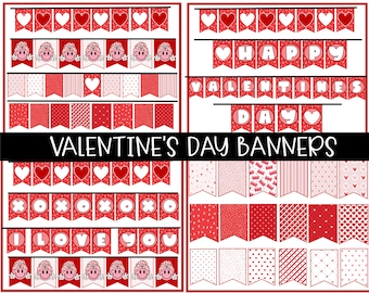 May include: Printable Valentine's Day banners with various designs, including hearts, stripes, polka dots, and the words "Happy Valentine's Day".