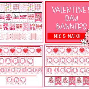 Pink Valentine&#39;s Day Banner, Happy Valentine&#39;s Day, Valentine Banner, Retro Valentines, Printable Banner, Hearts Banner, XOXO, Love You