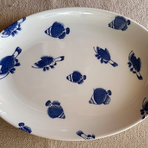Crate and Barrel Porcelain Platter, White with Blue Fish Pattern, 12 3/4&quot; Long, Dishwasher, Microwave