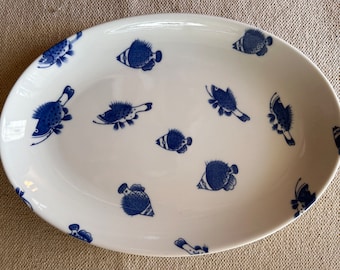 Crate and Barrel Porcelain Platter, White With Blue Fish Pattern