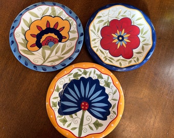 Pier 1 Floral Salad Plates, Hand Painted Ceramic, Vibrant Colors - Set of 3