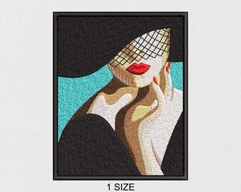 Woman Portrait Embroidery Design: Elegant Hat (Digital Embroidery File)