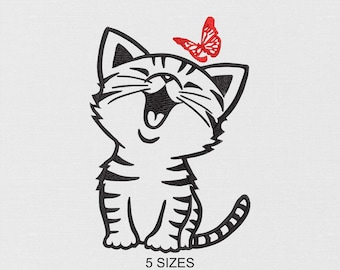 Kitten with Butterfly Machine Embroidery Design - 5 sizes - Digital Embroidery File - Instant Download