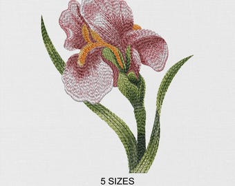 Iris Flower Embroidery Design, Machine Embroidery File DST PES JEF, Floral Digital Download – 5 Sizes