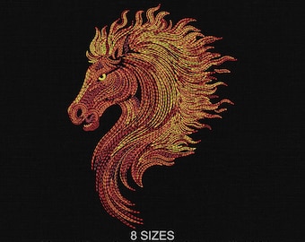 Fire Horse Design | Flaming Mane Head Motif | Machine Embroidery File, 8 Sizes | Dst Exp Jef Pes Vp3