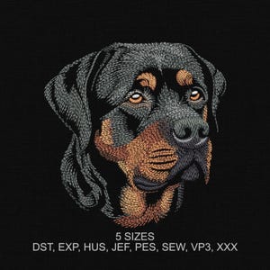 Puede incluir: Diseño bordado de la cabeza de un perro Rottweiler, con pelo negro y marrón. El diseño está disponible en 5 tamaños: DST, EXP, HUS, JEF, PES, SEW, VP3, XXX.