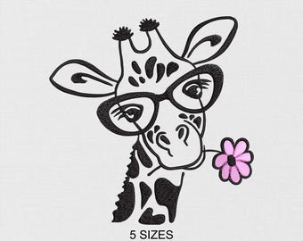 Giraffe with Glasses Embroidery Design – Flower, 5 Sizes (Digital File)