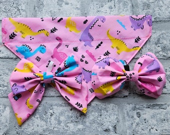 New Dog Bow Tie Bandana Sailor Bow, Flower, ACCESSORY Pink Dinosaurs, Elastic band, Over Collar
